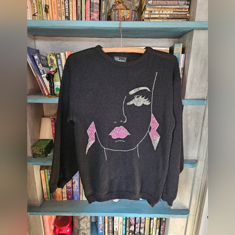 Vintage 80s Womens  Sweater Painted Glitter Womens Face Small/ Medium